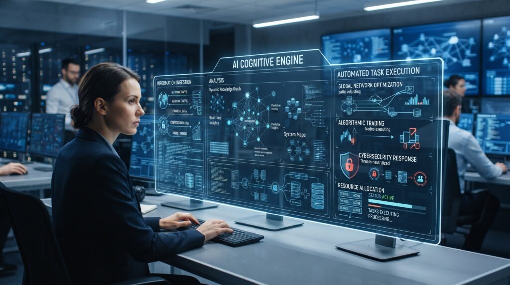Representação de um agente de inteligência artificial executando tarefas