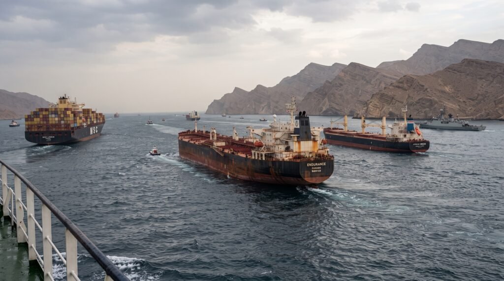 Navios comerciais atravessam o Estreito de Hormuz durante tensão