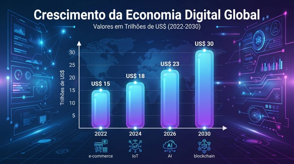 Gráfico mostrando o crescimento da economia digital mundial entre 2022 e 2030