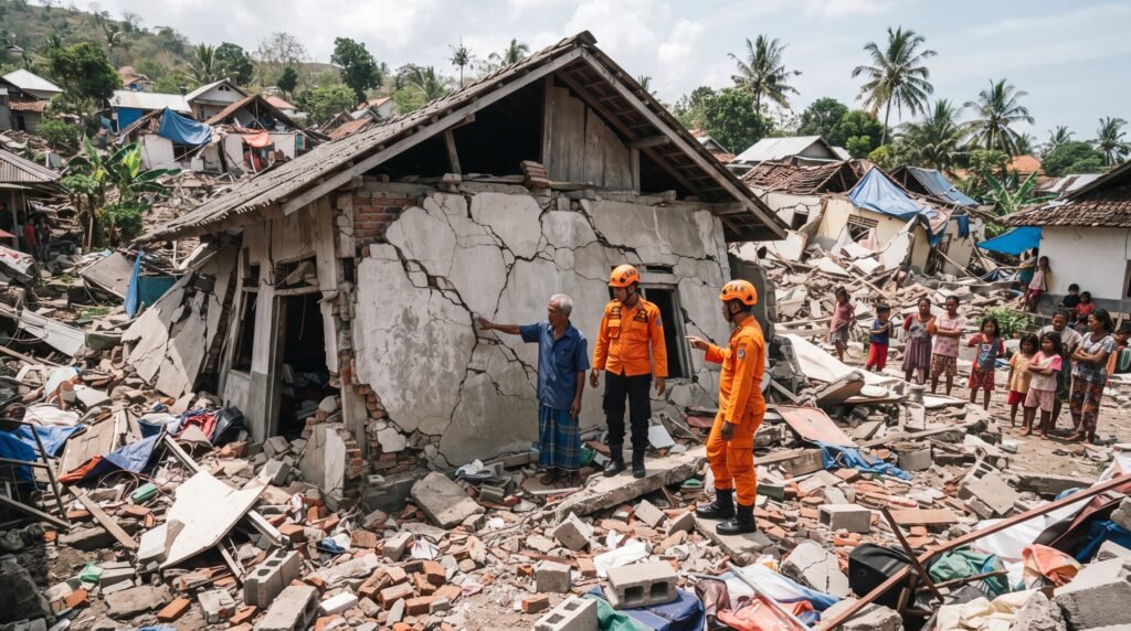 Prédios danificados após terremoto de 7,7 em Flores na Indonésia