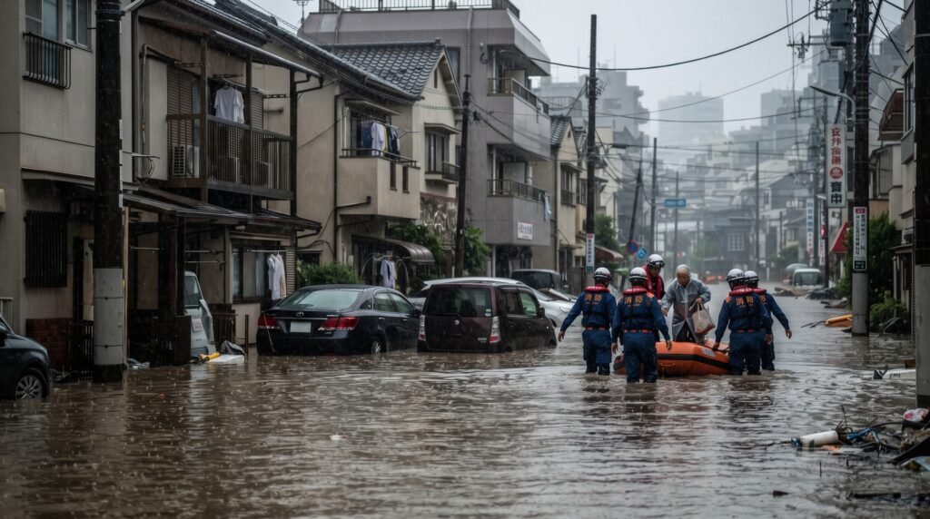 Enchentes em Chiba após chuvas recordes no Japão