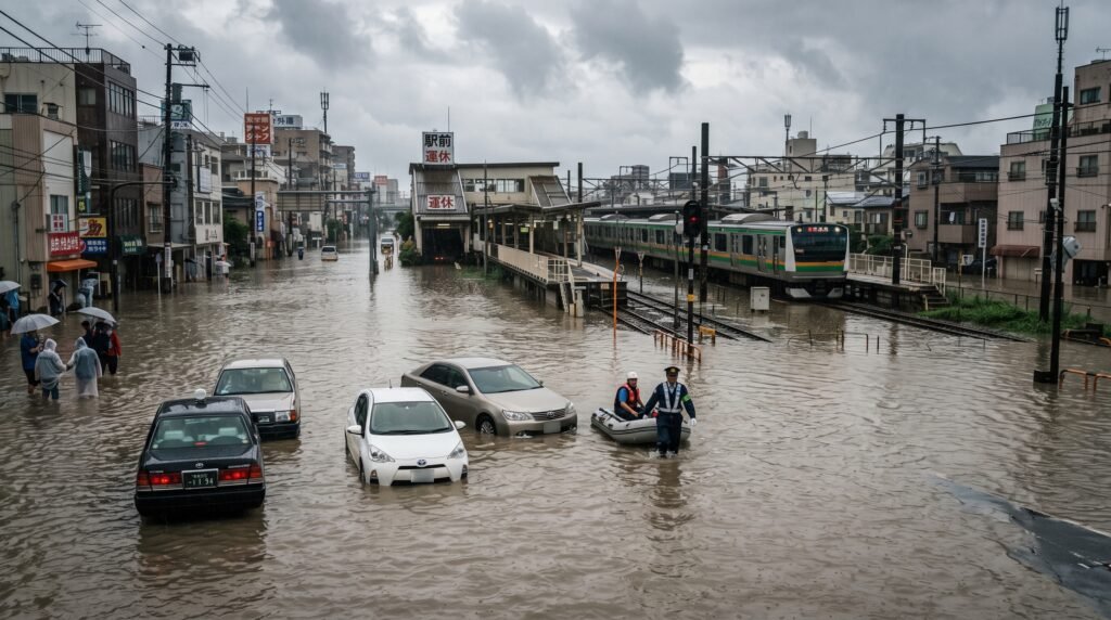 Estradas e linhas ferroviárias afetadas pelas chuvas em Chiba