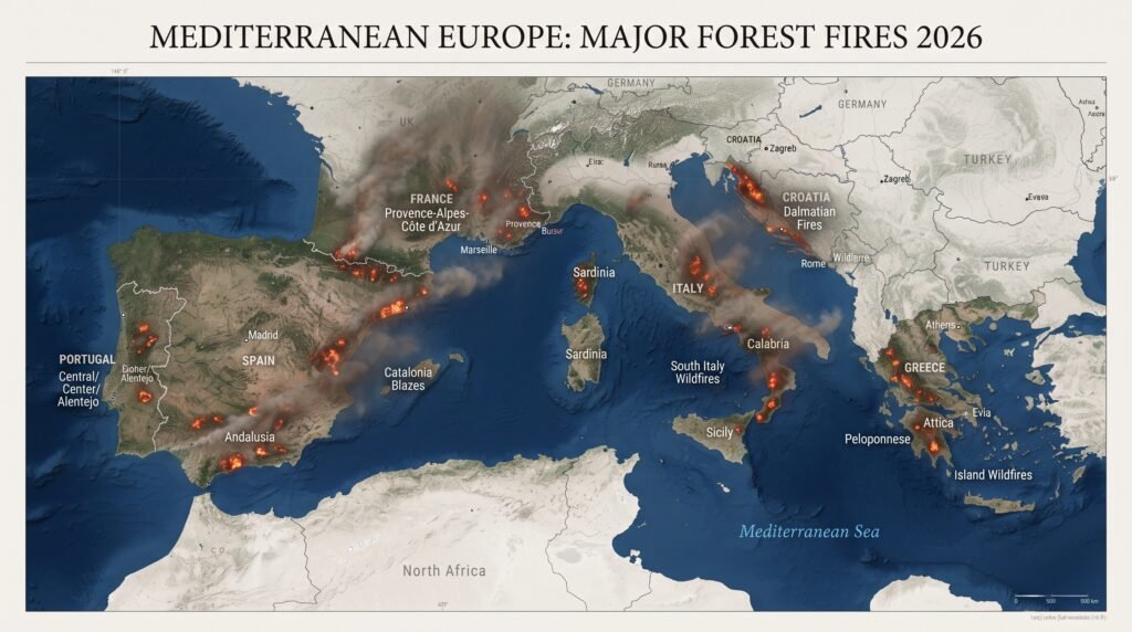 Mapa mostra regiões da Europa afetadas por incêndios florestais em 2026