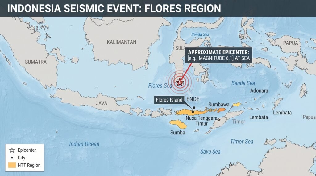 Mapa mostra localização do terremoto de 7,7 em Flores na Indonésia