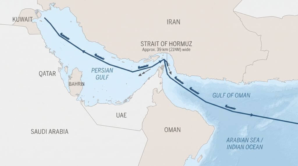 Mapa do Estreito de Hormuz e rota mundial do petróleo