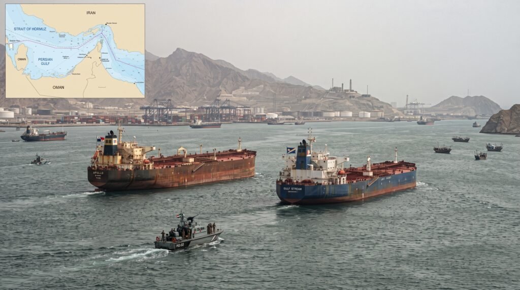Navios de petróleo no Estreito de Ormuz durante tensão internacional