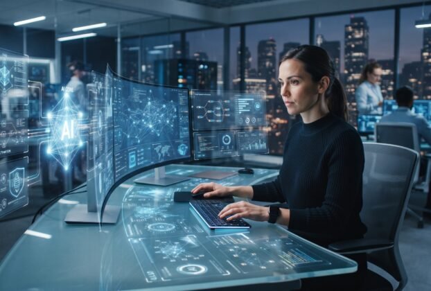 Agentes de IA em 2026 realizando tarefas automatizadas em empresas