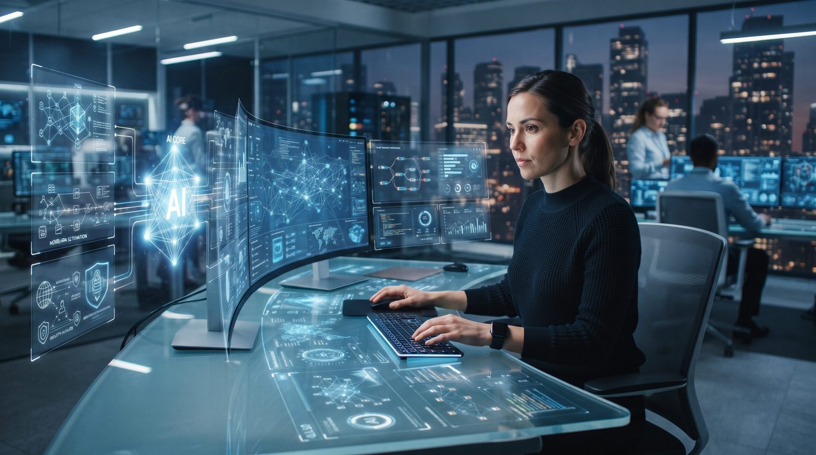 Agentes de IA em 2026 realizando tarefas automatizadas em empresas
