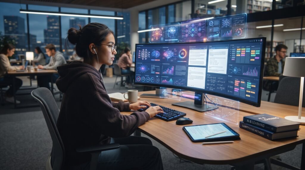 Estudante utilizando diferentes ferramentas de inteligência artificial