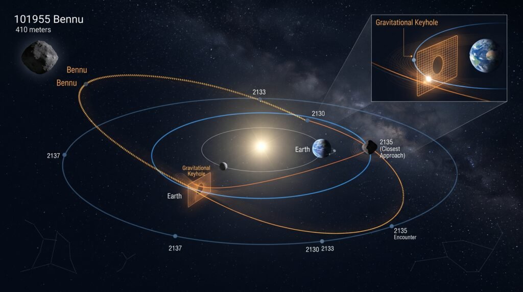 Trajetória do asteroide Bennu e possível aproximação da Terra em 2182