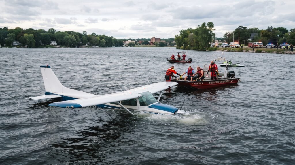 Avião faz pouso de emergência e afunda no Lago Wausau